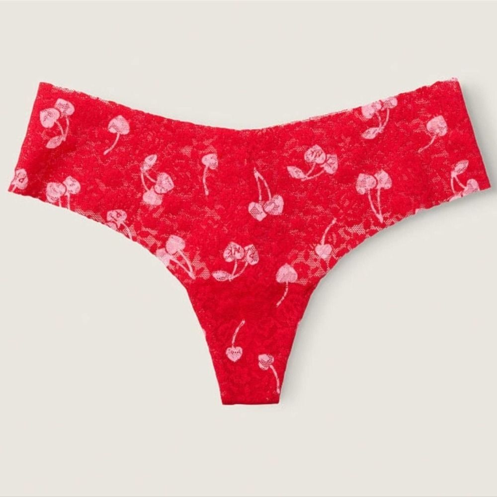 5/$40🛍 PINKNO-SHOW SOFT LACE THONG UNDERWEAR Red Pepper Cherry 🍒